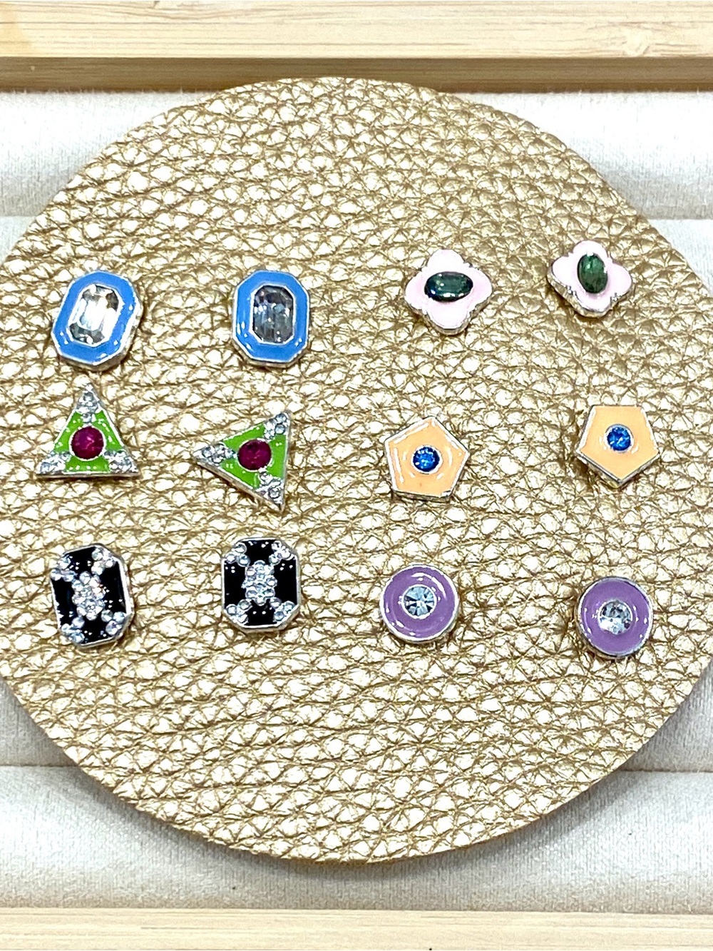 Multi Shape Geometric Enamel Rhinestone Stud Earrings Set Retro Style Lot NWOT